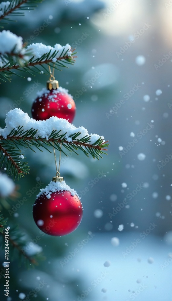 Snowflakes gently fall on a delicate Christmas branch with ornaments, winter wonderland, serene Snowflakes gently fall on a delicate Christmas branch with ornaments, winter wonderland, serene