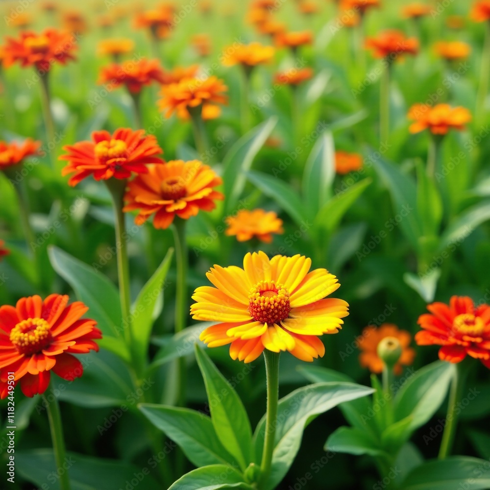 Bright flowers of Zinnia on a green grass field, nature, colors Bright flowers of Zinnia on a green grass field, nature, colors