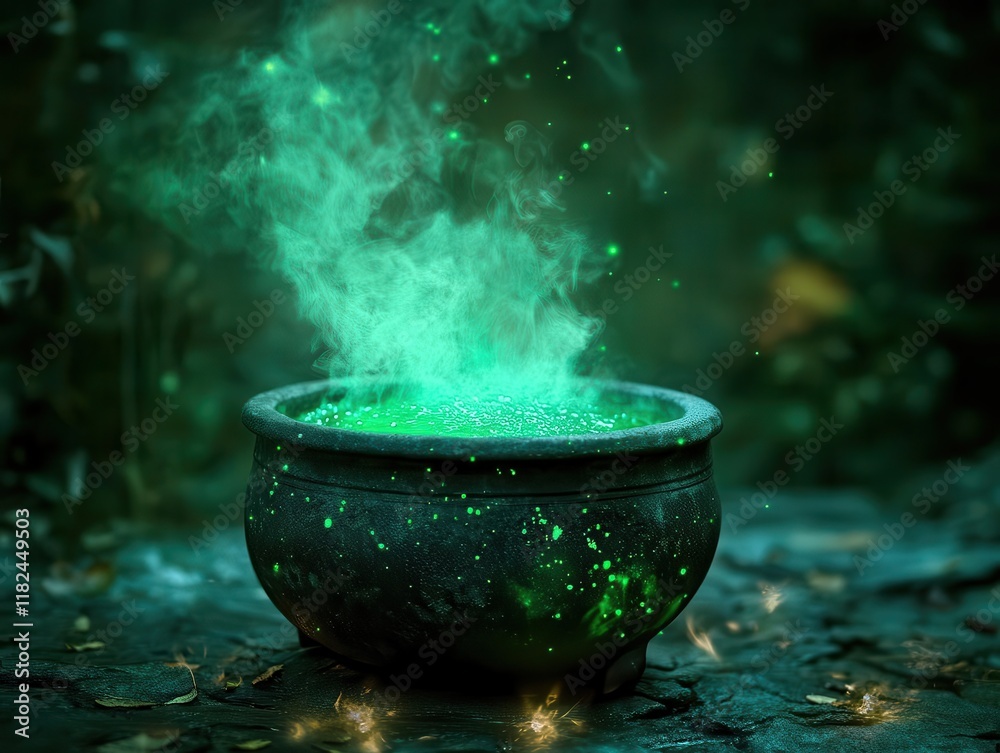 mystical glowing green potion bubbling in ancient stone cauldron with swirling magical smoke and mysterious dark forest background at midnight mystical glowing green potion bubbling in ancient stone cauldron with swirling magical smoke and mysterious dark forest background at midnight