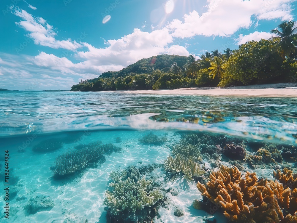 Fototapeta premium mystical underwater paradise with vibrant coral reefs, shimmering sunbeams penetrating crystal clear turquoise waters and exotic marine life
