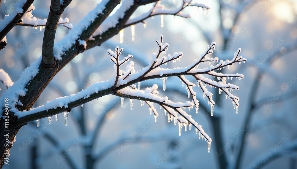 Boughs of a deciduous tree heavy with white snow and twinkling icicles, bare branches, frozen foliage Boughs of a deciduous tree heavy with white snow and twinkling icicles, bare branches, frozen foliage