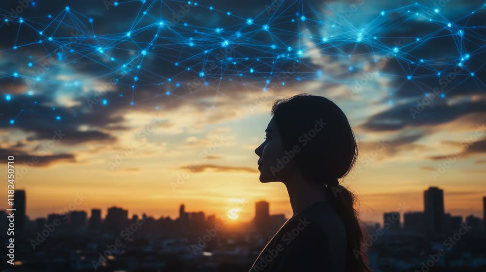 Fototapeta premium Abstract business woman stands on the peak of success amid tall, innovative Smart city and graphs with statistics to analyze business potential and predict future developments in company growth.