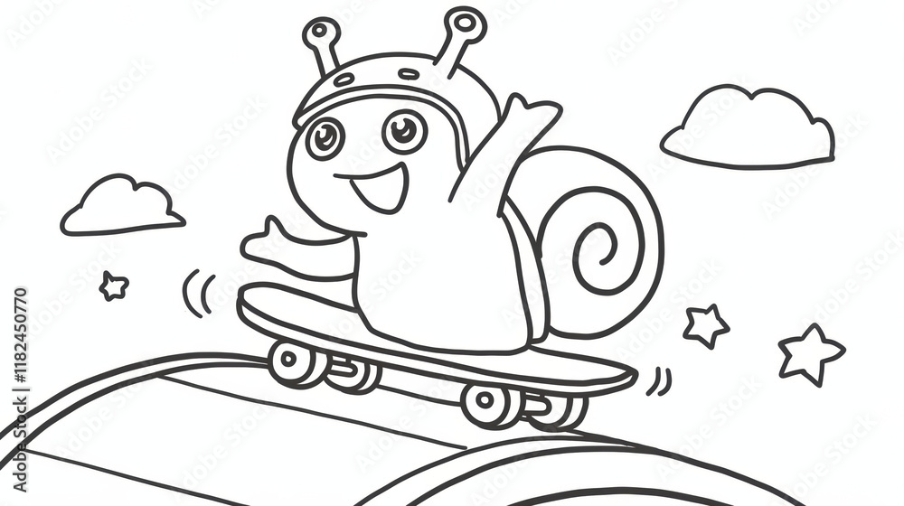 cheerful snail on skateboard, enjoying fun ride in sky cheerful snail on skateboard, enjoying fun ride in sky