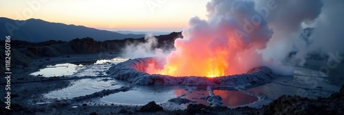 Steamy fumarole emitting white plumes near volcano, eruption, volcanic