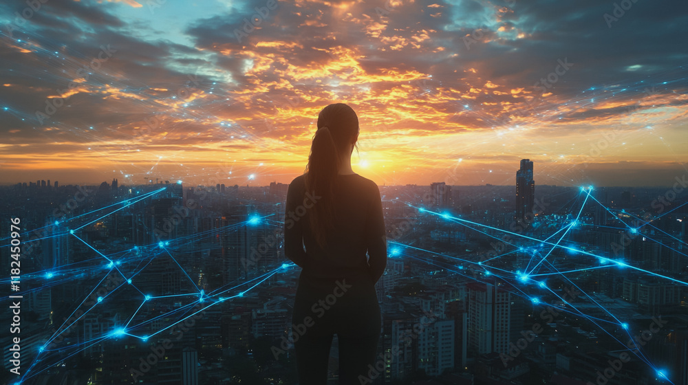 Fototapeta premium Abstract business woman stands on the peak of success amid tall, innovative Smart city and graphs with statistics to analyze business potential and predict future developments in company growth.