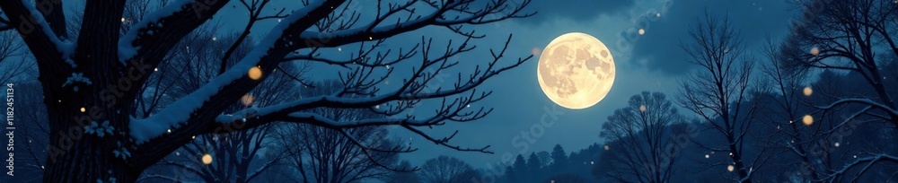 Full moon shining through bare winter branches, illuminated trees, bare branches, winter Full moon shining through bare winter branches, illuminated trees, bare branches, winter