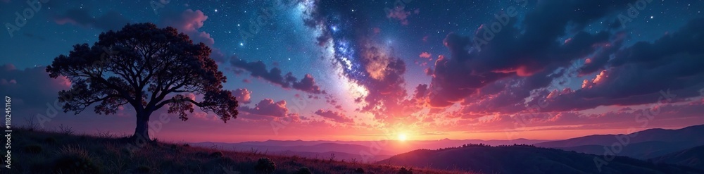 Evening sky filled with fireballs and meteor trails above a lonely tree landscape, atmospheric effects, glow Evening sky filled with fireballs and meteor trails above a lonely tree landscape, atmospheric effects, glow