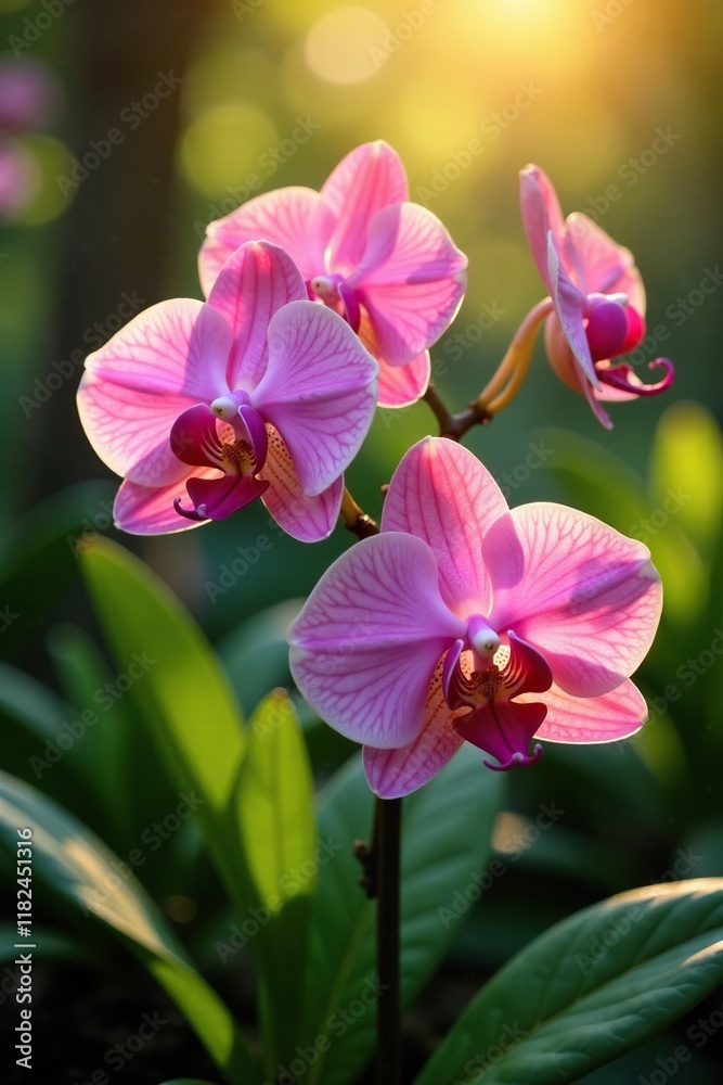 exotic orchids in a garden with a warm golden glow, lush, soft focus exotic orchids in a garden with a warm golden glow, lush, soft focus