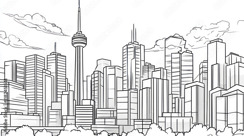 Obraz premium Cityscape sketch, Toronto skyline, daytime clouds, urban design, illustration