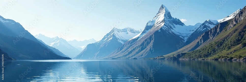 Naklejka premium Snow capped peak rises high above the fjord's calm waters, serene, mountain, nature