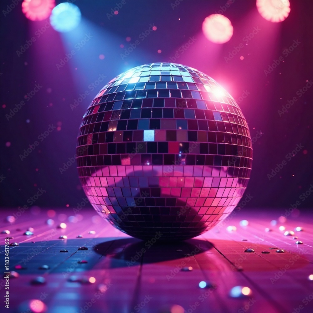 Obraz premium A large glittering disco mirror ball on a dance floor, shiny, disco