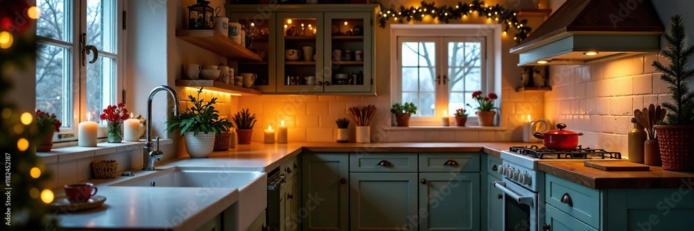 Fototapeta premium Holiday cottage kitchen with candles and festive decorations, holiday cottage, garland, winter wonderland