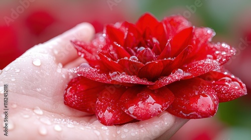 A person holding a red flower with water droplets on it