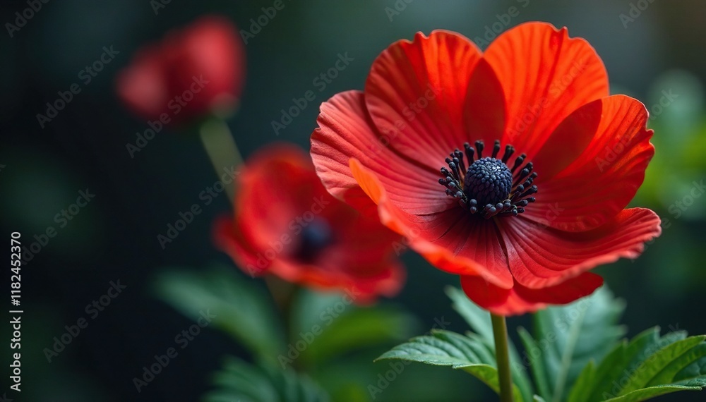 Red-hued anemone-like flowers on a stem with green leaves, anemone, botanical Red-hued anemone-like flowers on a stem with green leaves, anemone, botanical