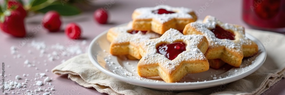 Linzer cookies with mix berry jam and powdered sugar on a linen cloth, sweet treats, Christmas cookies, dessert Linzer cookies with mix berry jam and powdered sugar on a linen cloth, sweet treats, Christmas cookies, dessert