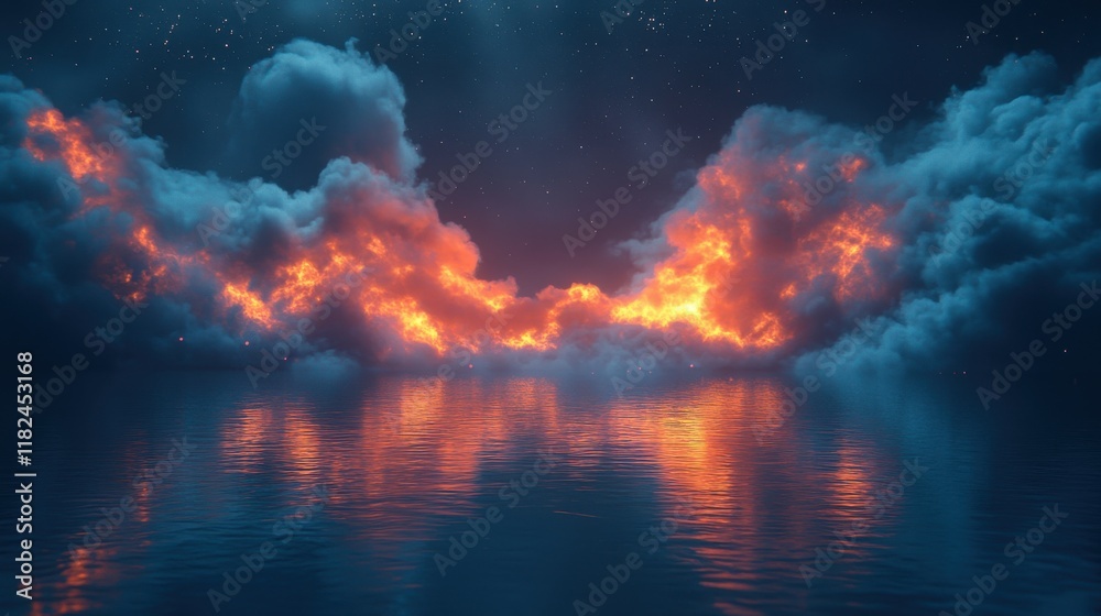 Obraz premium Celestial fantasy night scene ocean reflection digital art ethereal atmosphere wide angle vibrant hues