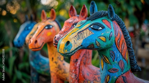 Colorful wooden horse sculptures in garden (1) photo