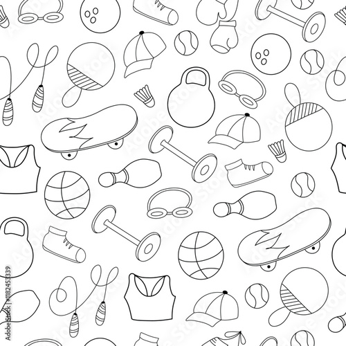 Doodle seamless pattern with different sports equipment on the white background. Hand drawn elements. 