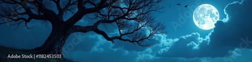 Ancient tree branches creak in the wind under full moon, spooky atmosphere, tree