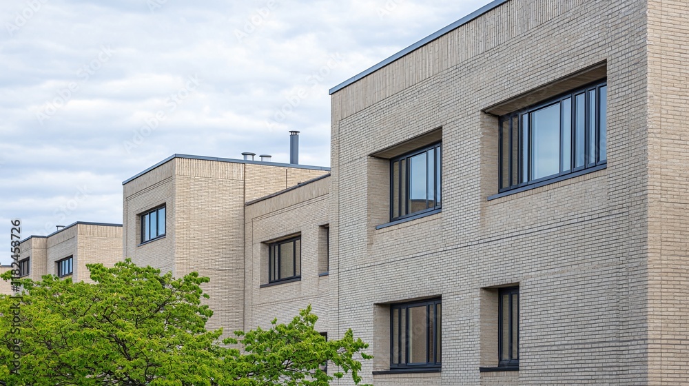 Modern Brick Apartment Building Exterior with Green Tree Modern Brick Apartment Building Exterior with Green Tree