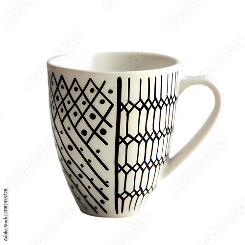 Coffee cup with minimalist geometric black and white patterns isolated on the transparent background. photo