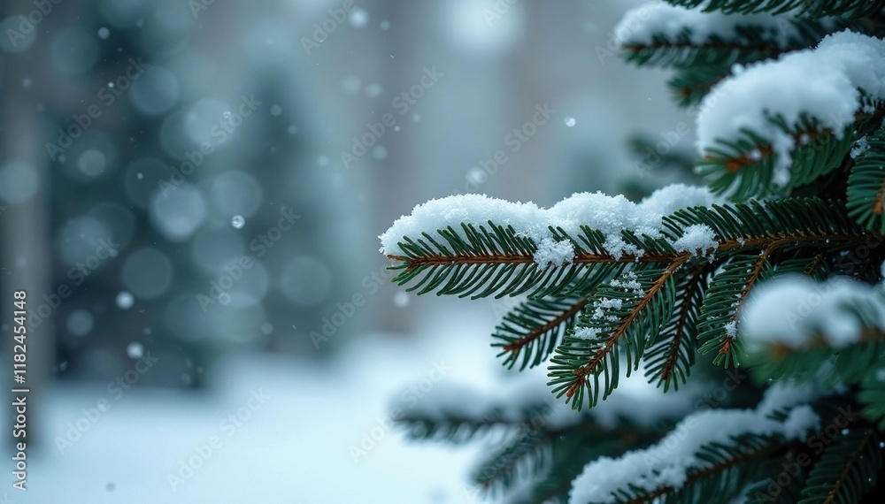 Snowflakes gently fall on a coniferous tree's needles, whiteout, cold climate, winter landscape Snowflakes gently fall on a coniferous tree's needles, whiteout, cold climate, winter landscape