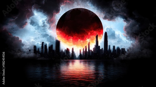 A city skyline with a red sun in the sky