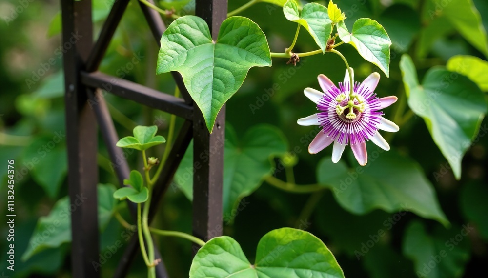 Overhead shot of a passion flower vine crawling up a trellis in the garden, naturalgrowth, passionflower Overhead shot of a passion flower vine crawling up a trellis in the garden, naturalgrowth, passionflower