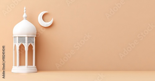 A simple 3D lantern with a crescent and a decorative gift box on a cream-colored background. Greeting card for Ramadan Kareem, Eid Mubarak, and Islamic New Year. 3D rendering illustration