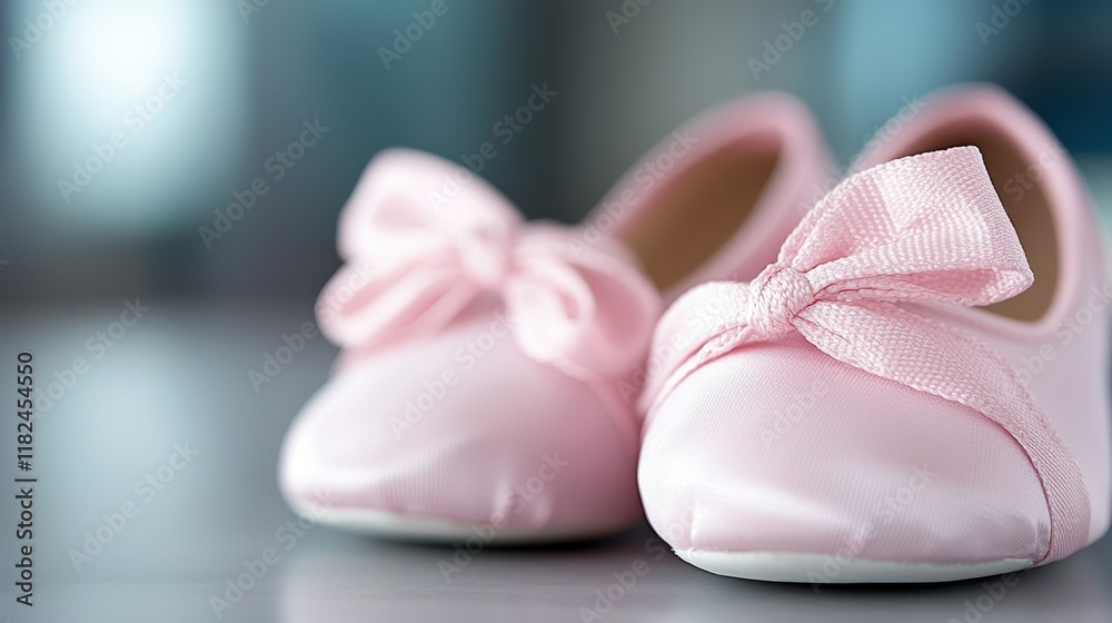 A pair of pink baby shoes with a bow on them A pair of pink baby shoes with a bow on them