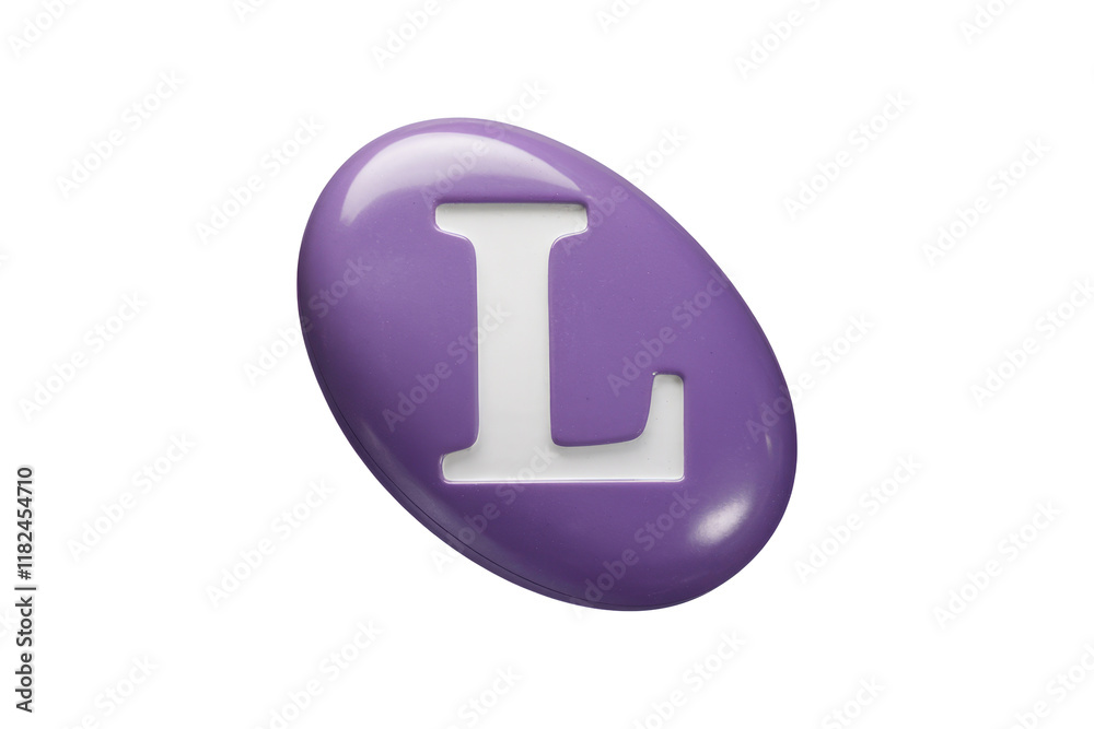 Purple pebble-shaped object with a white letter L embossed on it. background removed Purple pebble-shaped object with a white letter L embossed on it. background removed