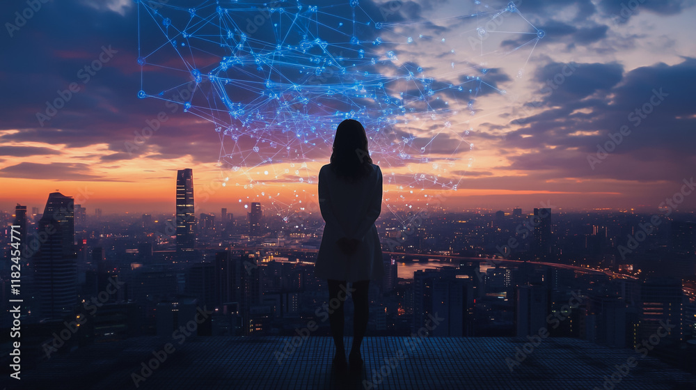 Fototapeta premium Abstract business woman stands on the peak of success amid tall, innovative Smart city and graphs with statistics to analyze business potential and predict future developments in company growth.