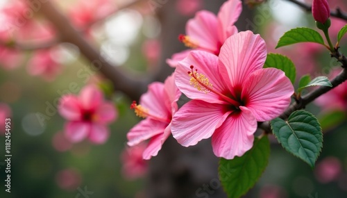 Pink Hibiscus flowers on a flowering tree branch, flowering shrub, ornamental tree, flower clusters