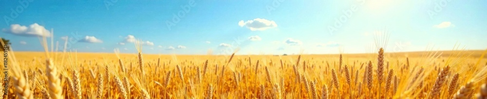 Wheat field with golden spikes against blue sky, sunlight, countryside Wheat field with golden spikes against blue sky, sunlight, countryside