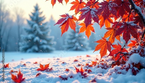 Frosty landscape with colorful leaves and snow, autumn colors, cold weather, leaf fall