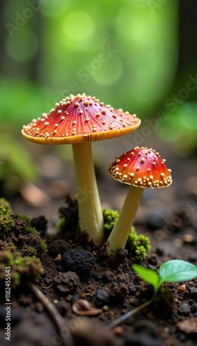 Muddy soil with Tricholoma terreum mushrooms growing, fungi, terrestial mushrooms, forest floor photo