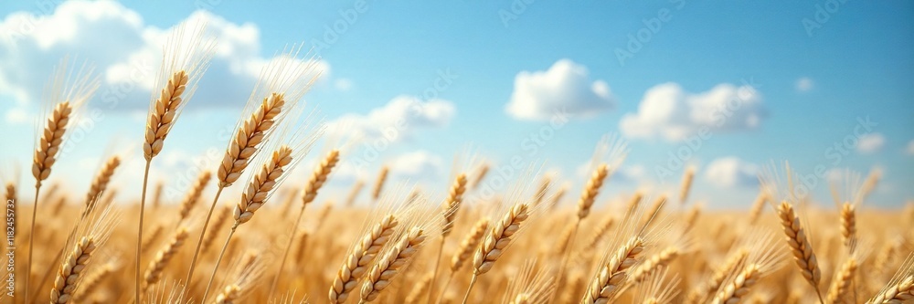 Softly swaying wheat stalks against a blue summer cloud, gentle, breeze, soft Softly swaying wheat stalks against a blue summer cloud, gentle, breeze, soft
