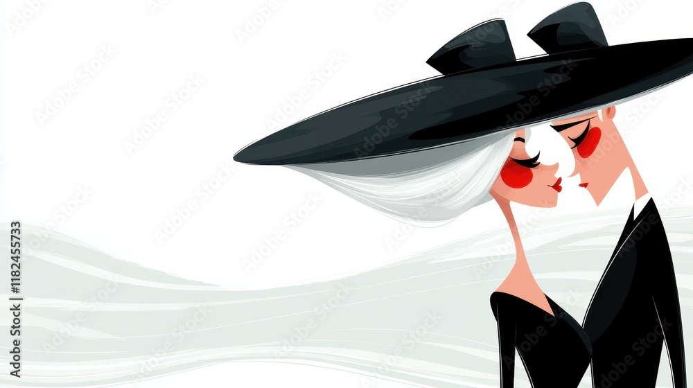 A man and a woman in a black hat kissing