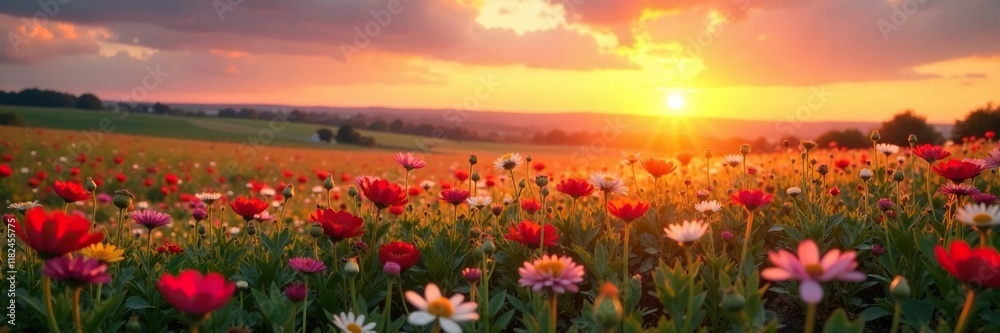 Sunset glow on a field of brightly colored wildflowers, colorful, peaceful Sunset glow on a field of brightly colored wildflowers, colorful, peaceful