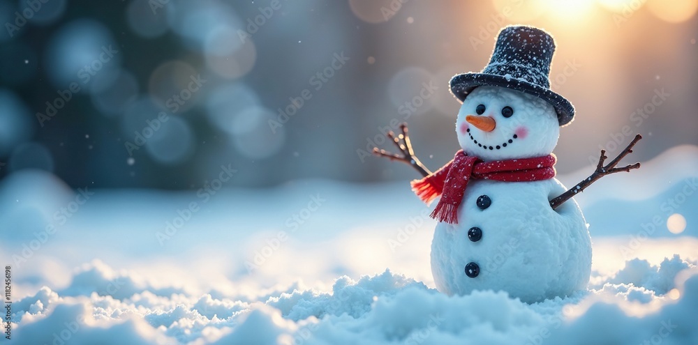 Frosty snowman with carrot nose in snowy scene, small, winter Frosty snowman with carrot nose in snowy scene, small, winter