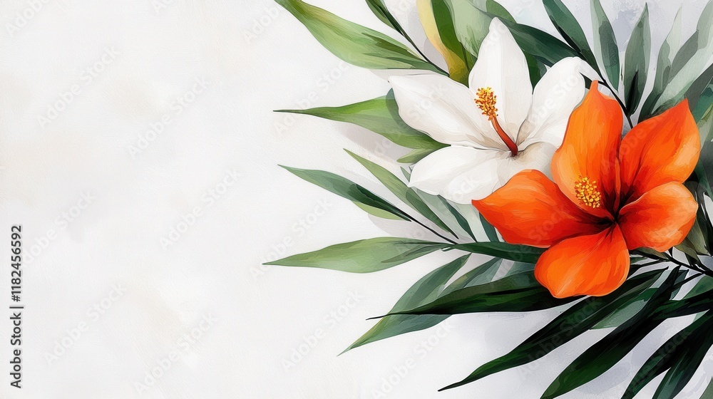 Fototapeta premium A painting of two white and orange flowers with green leaves