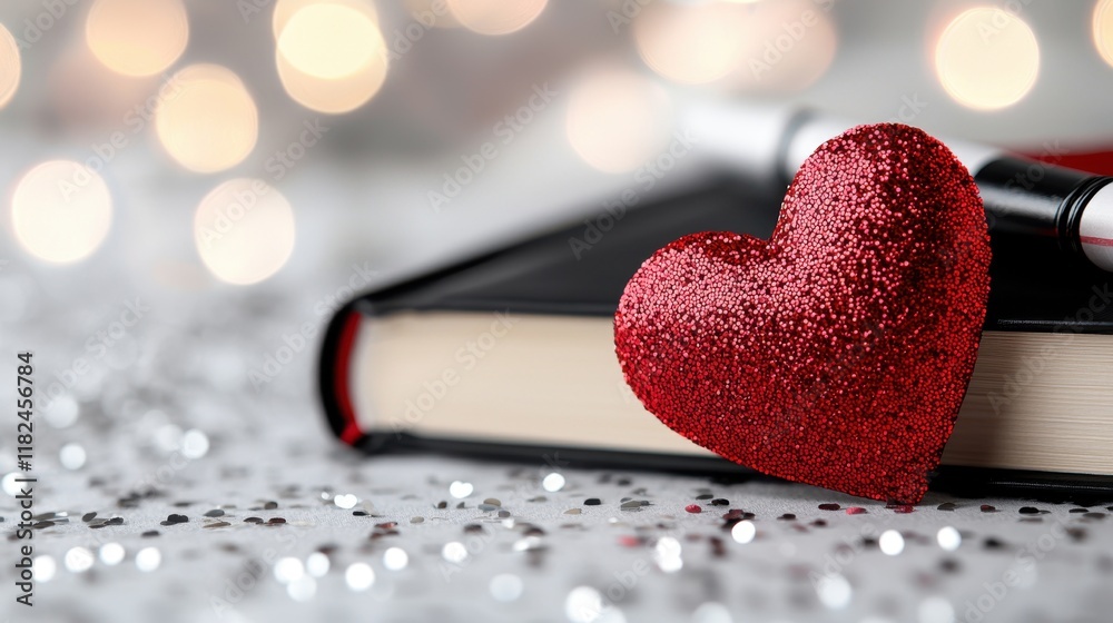 A red heart sitting on top of a book next to a pen A red heart sitting on top of a book next to a pen