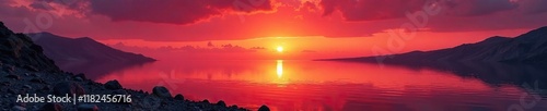 Volcanic ash settles on a crimson lake horizon as sunset falls, red, lava, orange