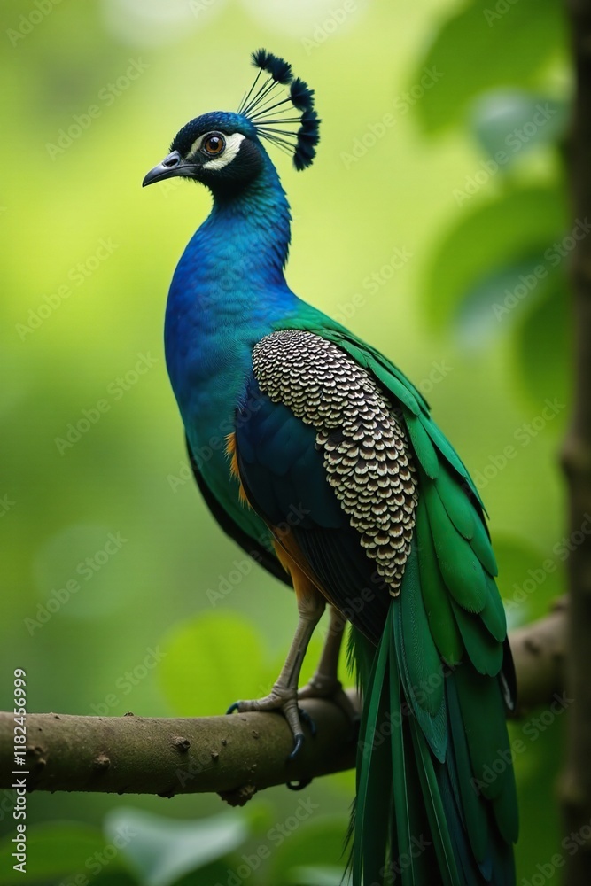 Obraz premium Emerald green and turquoise plumage in the tree, nature, emerald green, feathers