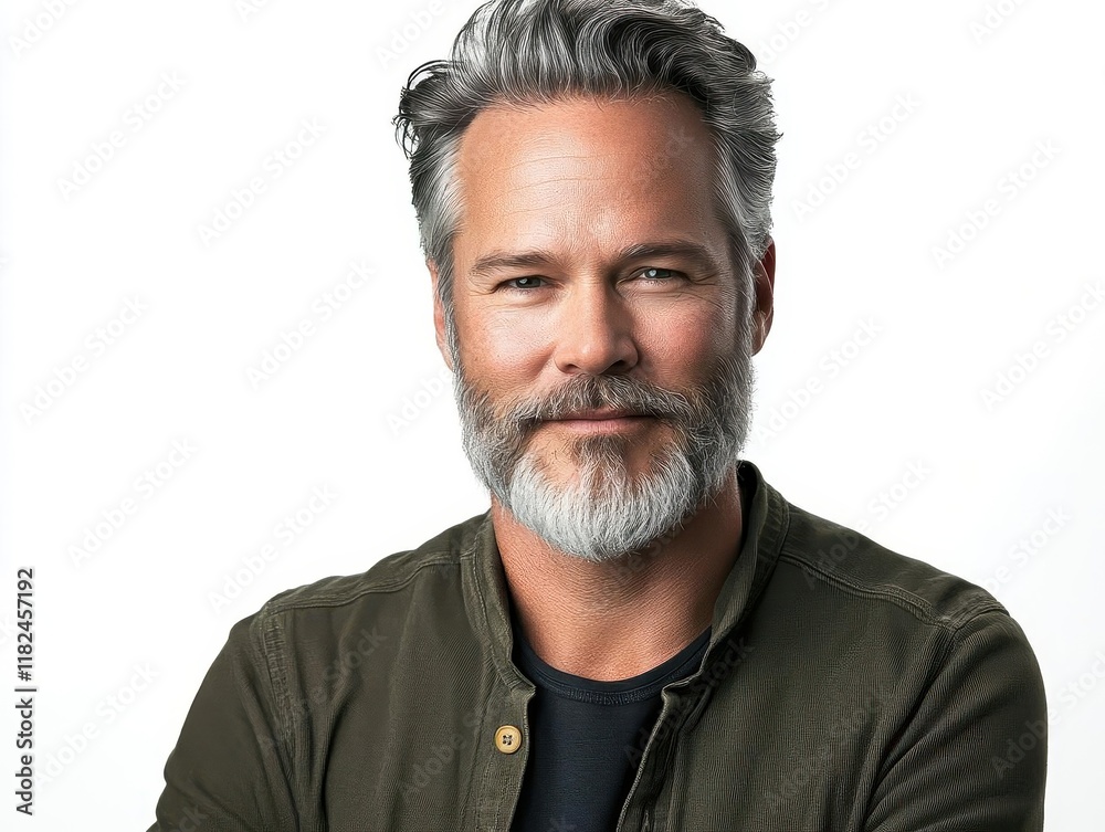 professional portrait of confident middle-aged man with distinguished gray hair and stylish beard against clean white background for men's grooming products professional portrait of confident middle-aged man with distinguished gray hair and stylish beard against clean white background for men's grooming products