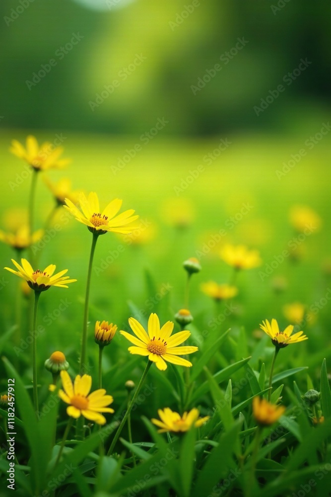 Gentle shower of yellow wildflowers on the grass, growth, landscape, blooms Gentle shower of yellow wildflowers on the grass, growth, landscape, blooms