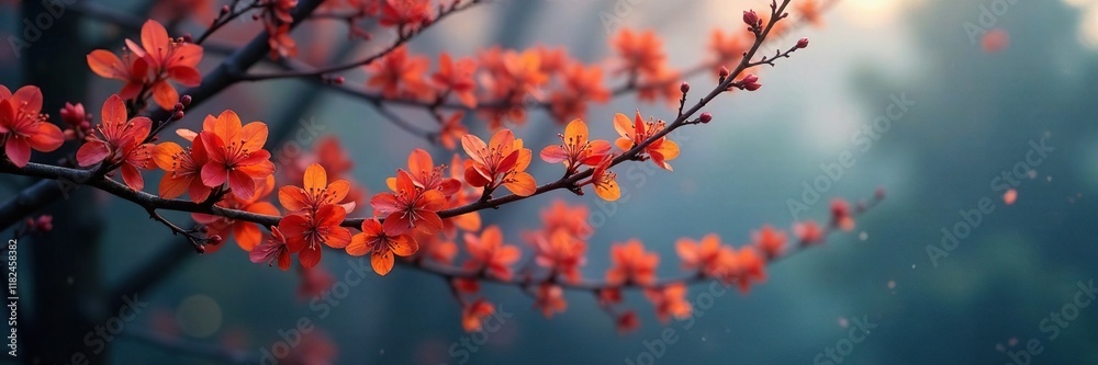Softly glowing Osmanthus flowers illuminate the tips of bare branches in a misty autumnal landscape, autumn, fall