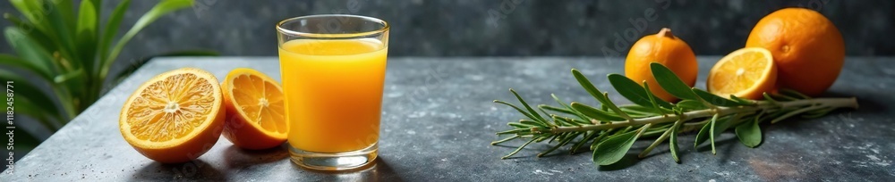 Gray stone table with a glass of fresh orange juice and a sprig of rosemary, glass, herb Gray stone table with a glass of fresh orange juice and a sprig of rosemary, glass, herb
