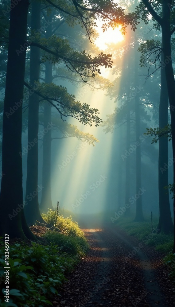 Fototapeta premium Softly glowing fog swirls through the forest trees, shimmering veil, natural glow, soft mist