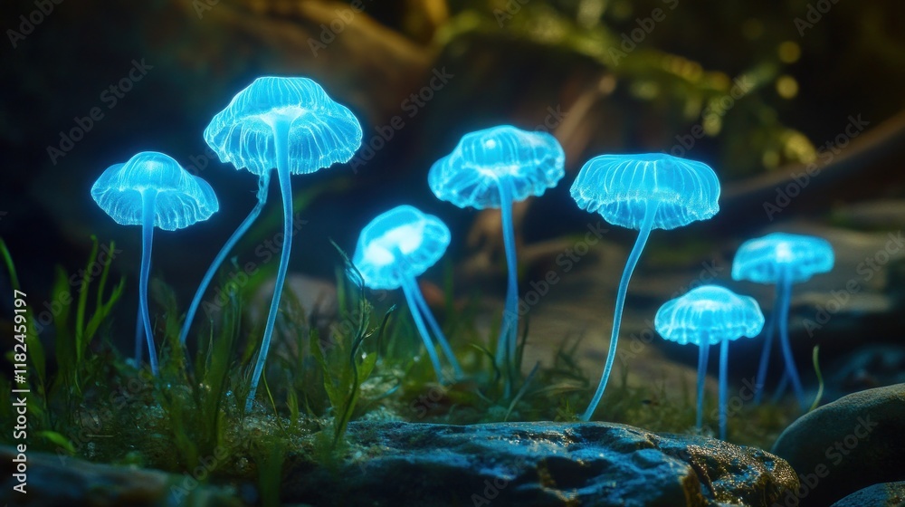 Fototapeta premium Glowing blue mushrooms in dark forest.